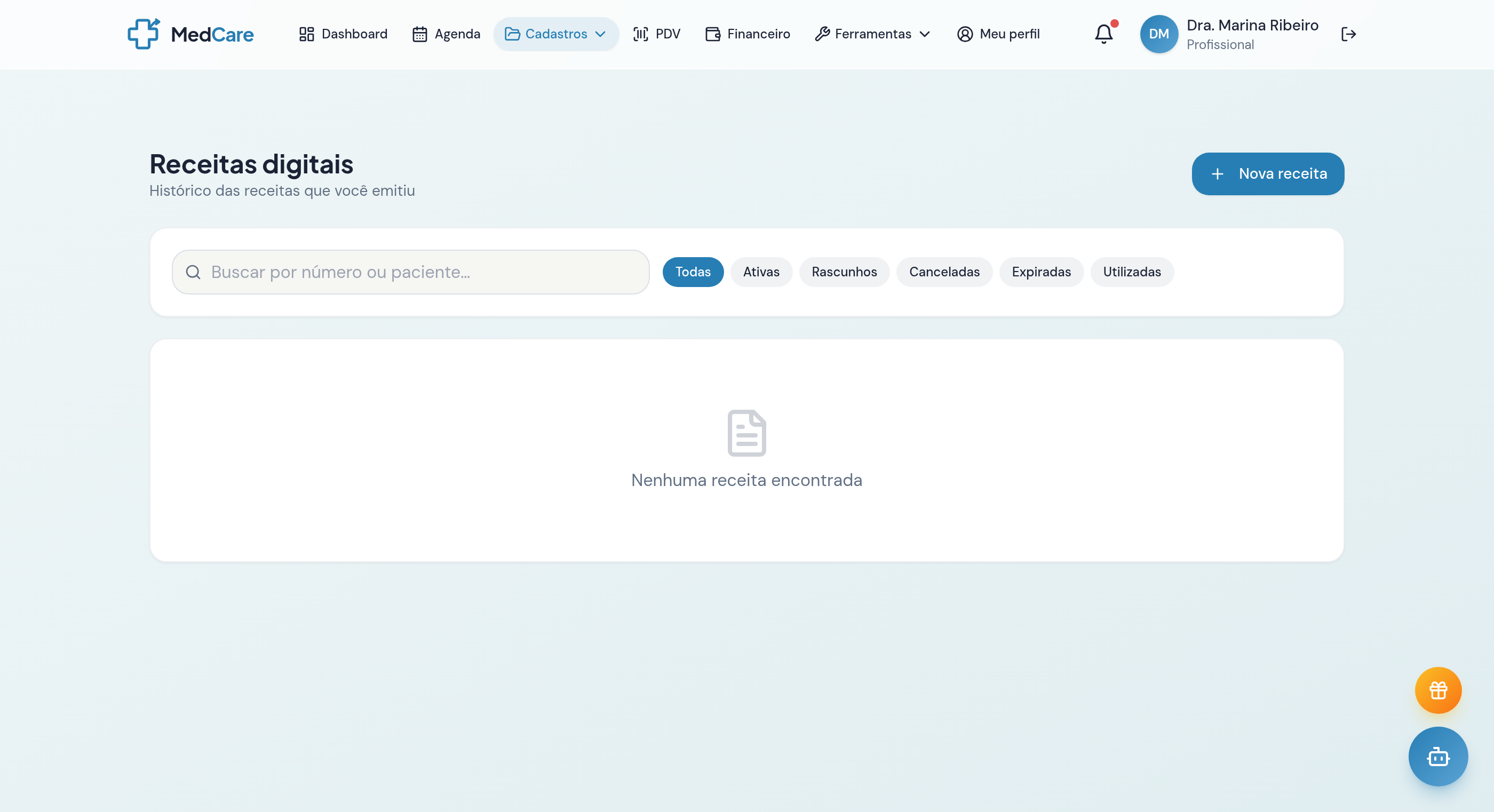 Tela real do MedCare: Receituário digital